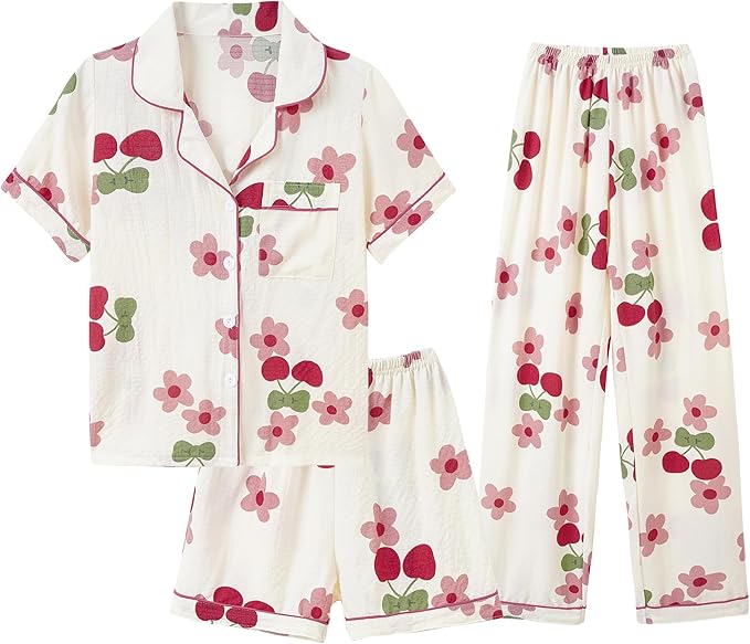 Big Girls Button Down Pajama Set 3pcs Short Sleeve Long Pants with Shorts Crepe Wrinkled Fabric Sleepwear Nighty