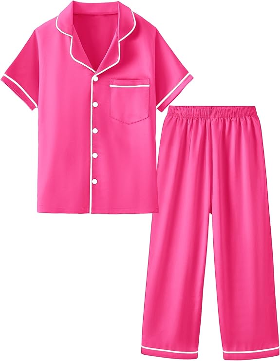 Mikrdoo Silk Pajamas for Girls 2-Piece: Short Sleeve Tops and Pants Satin PJs Fashion Sleepwear for Kids 3-14 Years