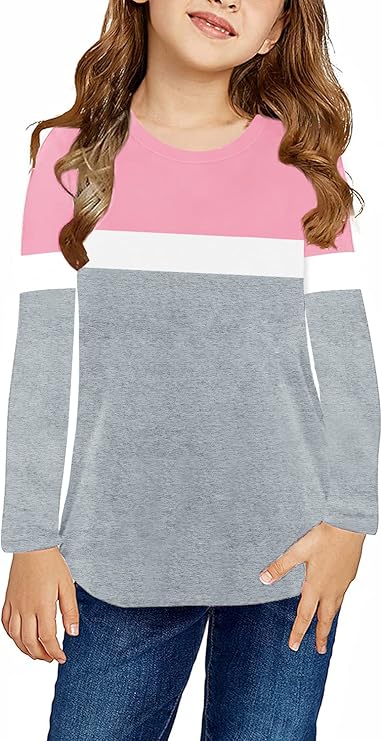 Ebifin Girls Casual Short/Long Sleeve T Shirts Kids Loose Soft Striped Color Block Tunic Tops, Tees Blouses Size 4-15 Years