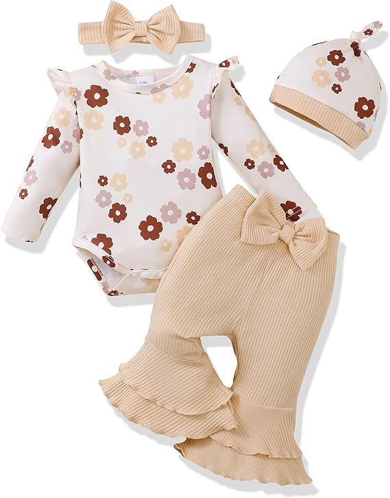 Renotemy Preemie Newborn Baby Girl Clothes Infant Romper Fall Winter Outfits Gifts for Girls Cute Bell Bottoms Pant Sets