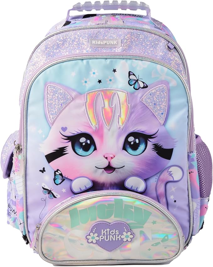 16-inch Girls' Backpack for Preschool & Early Elementary: Purple Cat Design, Classic Style.