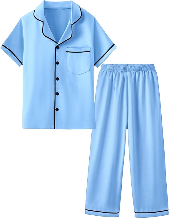 Mikrdoo Silk Pajamas for Girls 2-Piece: Short Sleeve Tops and Pants Satin PJs Fashion Sleepwear for Kids 3-14 Years