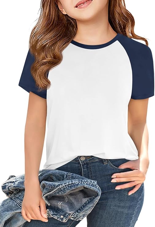 Imily Bela Kids Girls T Shirts Casual Raglan Short Sleeve Crewneck Color Block Summer Tees 5-14 Years