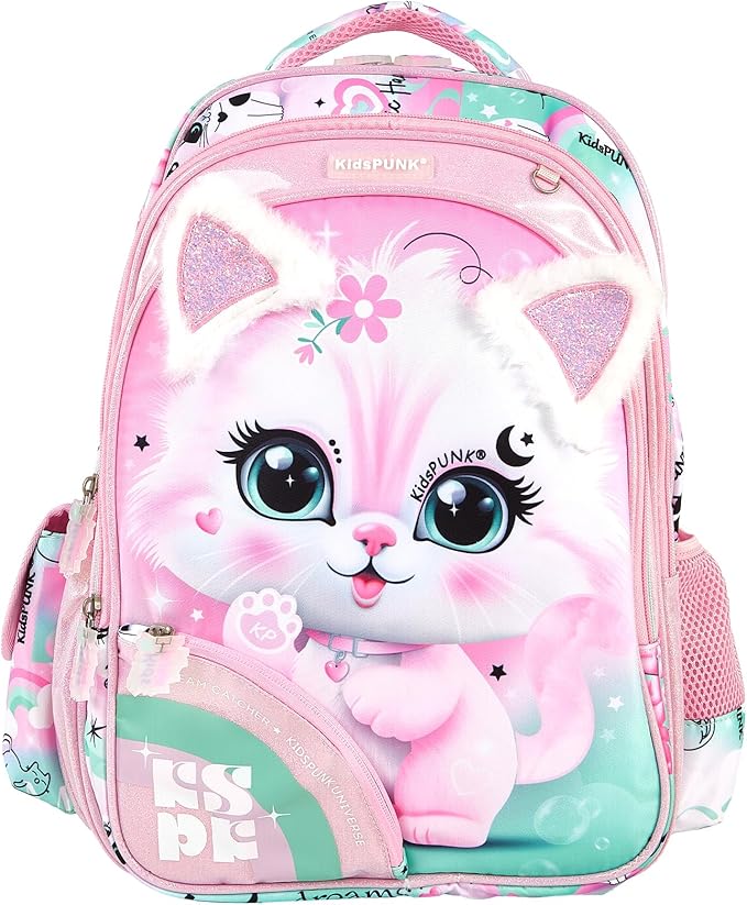 16-inch Girls' Backpack for Preschool & Early Elementary: Purple Cat Design, Classic Style.