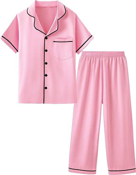 Mikrdoo Silk Pajamas for Girls 2-Piece: Short Sleeve Tops and Pants Satin PJs Fashion Sleepwear for Kids 3-14 Years