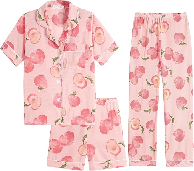 Big Girls Button Down Pajama Set 3pcs Short Sleeve Long Pants with Shorts Crepe Wrinkled Fabric Sleepwear Nighty