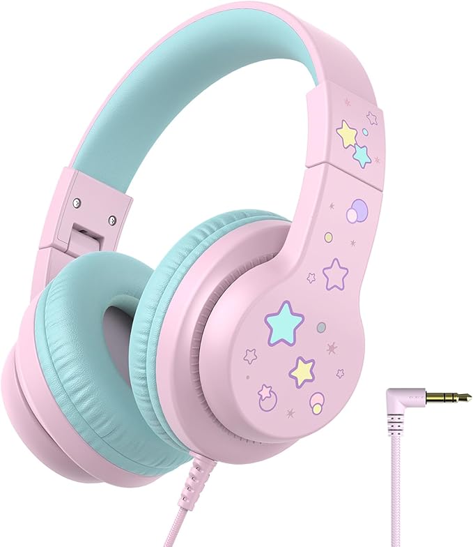 iClever Kids Headphones for School Travel, Safe Volume Limited, HD Mic Stereo Sound Over-Ear Girls Boys Headphones for Kid, FunShare Foldable 3.5mm Wired for iPad Computer, HS19