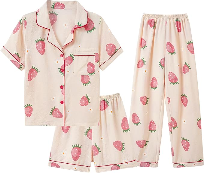 Big Girls Button Down Pajama Set 3pcs Short Sleeve Long Pants with Shorts Crepe Wrinkled Fabric Sleepwear Nighty