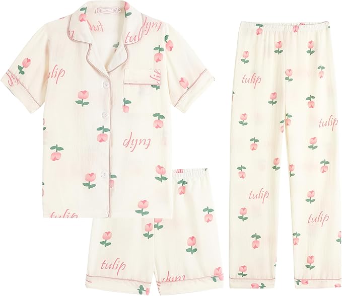 Big Girls Button Down Pajama Set 3pcs Short Sleeve Long Pants with Shorts Crepe Wrinkled Fabric Sleepwear Nighty