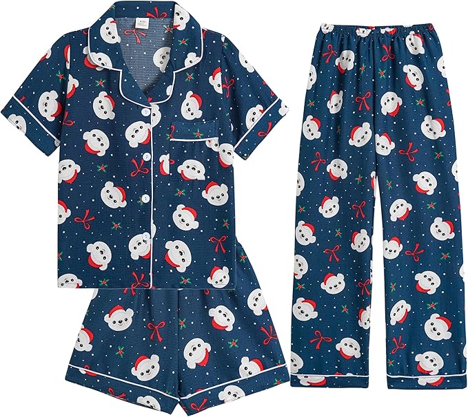 Big Girls Button Down Pajama Set 3pcs Short Sleeve Long Pants with Shorts Crepe Wrinkled Fabric Sleepwear Nighty