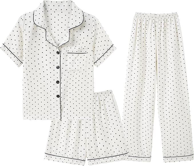Big Girls Button Down Pajama Set 3pcs Short Sleeve Long Pants with Shorts Crepe Wrinkled Fabric Sleepwear Nighty