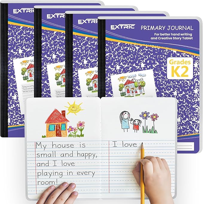 EXTRIC Primary Composition Notebook K-2, 2 Pack Primary Journal Grades K-2, Hardcover 200 pages (100 Sheets) Drawing Story Writing Journal, Composition book for Kids with Header for Drawing