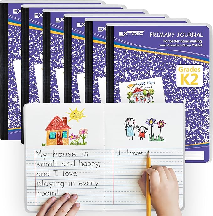 EXTRIC Primary Composition Notebook K-2, 2 Pack Primary Journal Grades K-2, Hardcover 200 pages (100 Sheets) Drawing Story Writing Journal, Composition book for Kids with Header for Drawing
