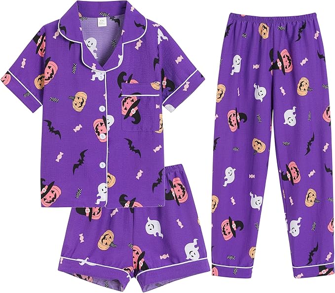 Big Girls Button Down Pajama Set 3pcs Short Sleeve Long Pants with Shorts Crepe Wrinkled Fabric Sleepwear Nighty