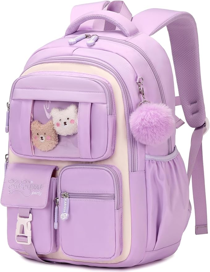 Girls' Purple School Backpack: Suitable for Elementary & Middle School Students, Cute & Practical Book Bag, One Size Fits All.