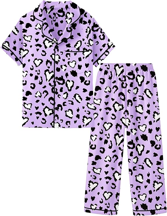 Mikrdoo Silk Pajamas for Girls 2-Piece: Short Sleeve Tops and Pants Satin PJs Fashion Sleepwear for Kids 3-14 Years