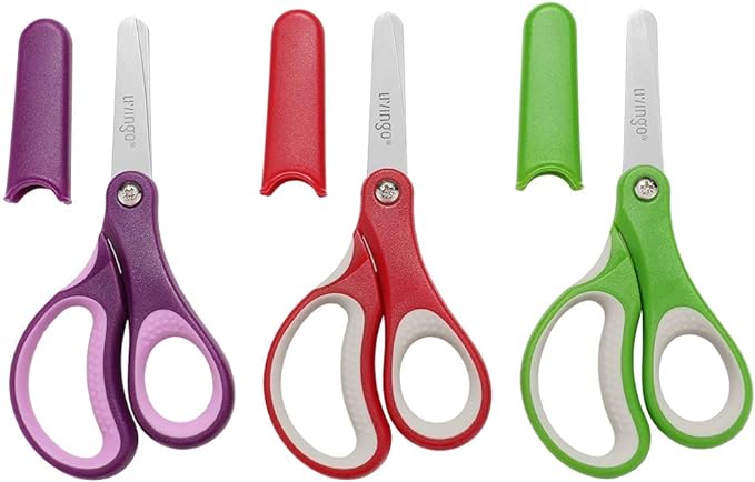 LIVINGO 3-Piece Kids' 5" Scissors Set: Left/Right Handed, Stainless Steel, with Safety Covers, Pre-K Manualide Supplies"