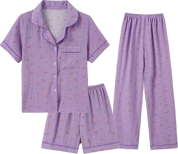 Big Girls Button Down Pajama Set 3pcs Short Sleeve Long Pants with Shorts Crepe Wrinkled Fabric Sleepwear Nighty