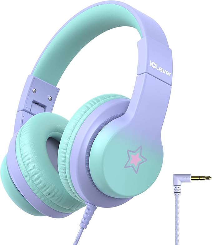 iClever Kids Headphones for School Travel, Safe Volume Limited, HD Mic Stereo Sound Over-Ear Girls Boys Headphones for Kid, FunShare Foldable 3.5mm Wired for iPad Computer, HS19