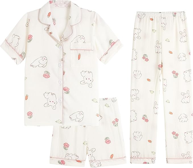 Big Girls Button Down Pajama Set 3pcs Short Sleeve Long Pants with Shorts Crepe Wrinkled Fabric Sleepwear Nighty