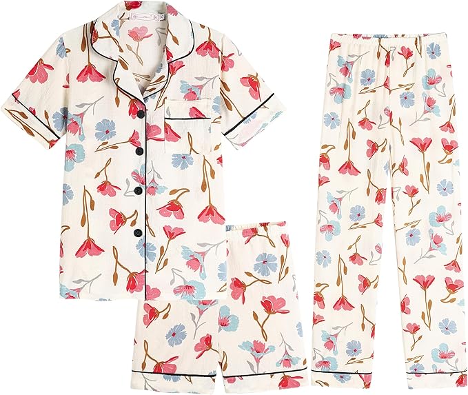 Big Girls Button Down Pajama Set 3pcs Short Sleeve Long Pants with Shorts Crepe Wrinkled Fabric Sleepwear Nighty