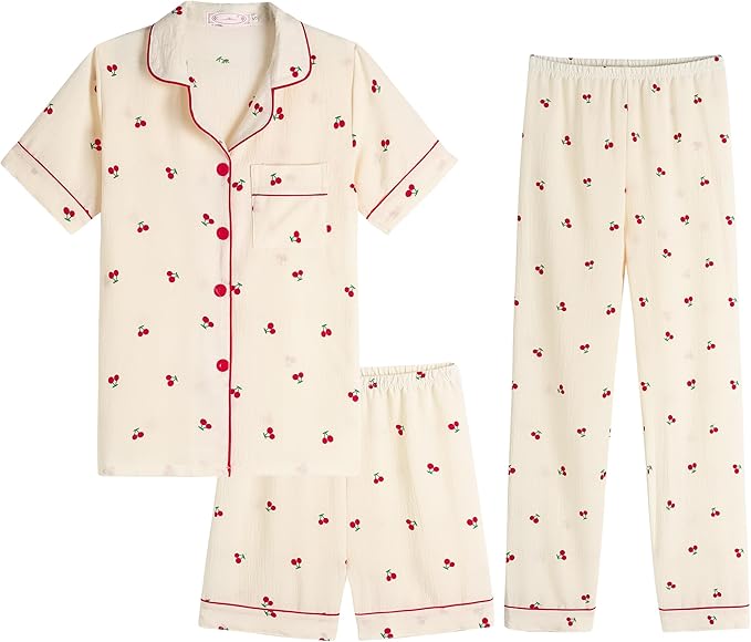Big Girls Button Down Pajama Set 3pcs Short Sleeve Long Pants with Shorts Crepe Wrinkled Fabric Sleepwear Nighty