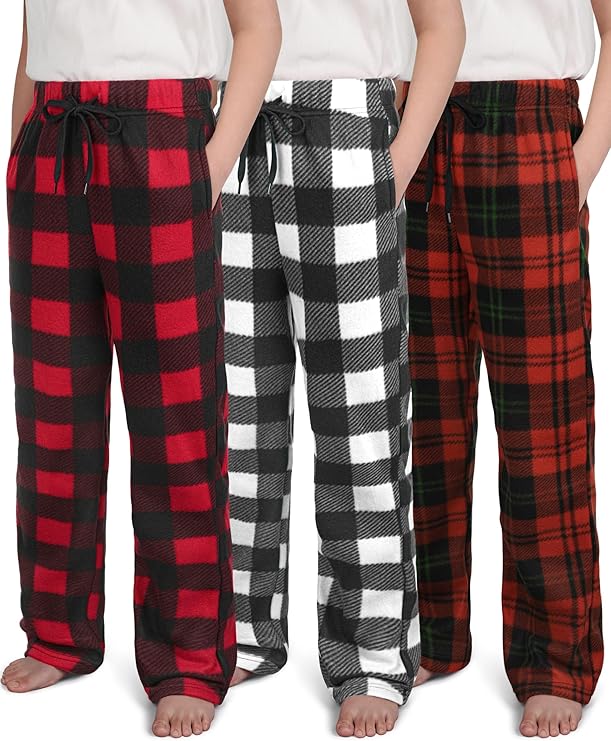 IHU 3 Pack Boys Pajama Pants Kids Micro Fleece Pj Bottoms Sleepwear Plaid Lounge Pant with Drawstring Pockets Boy Clothes