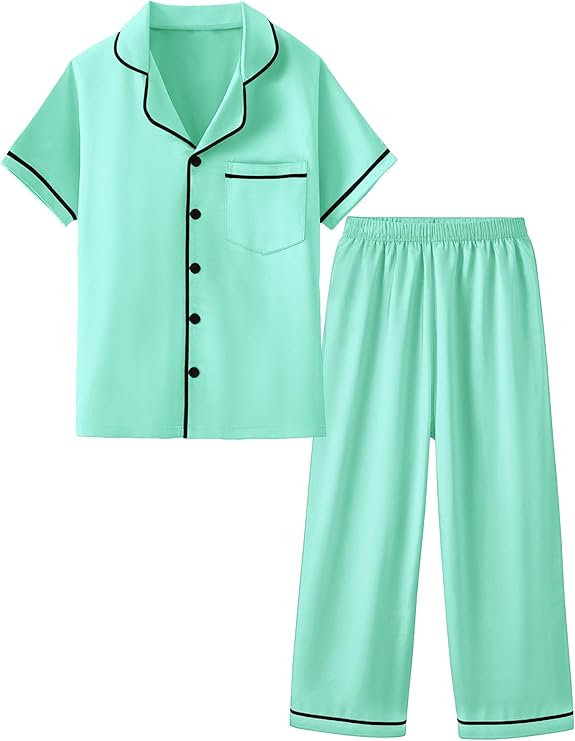 Mikrdoo Silk Pajamas for Girls 2-Piece: Short Sleeve Tops and Pants Satin PJs Fashion Sleepwear for Kids 3-14 Years