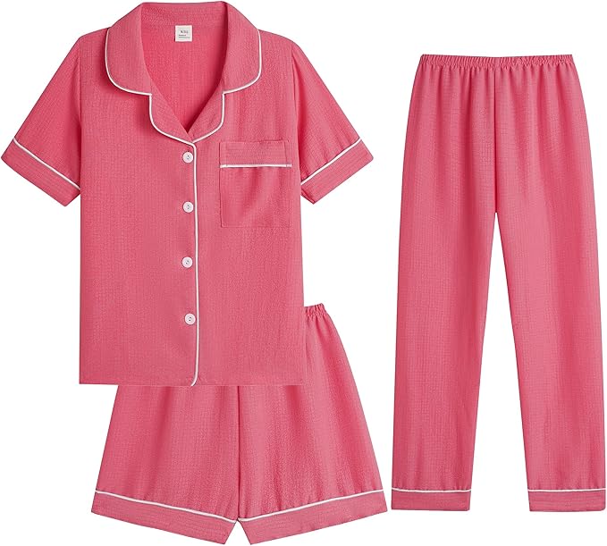 Big Girls Button Down Pajama Set 3pcs Short Sleeve Long Pants with Shorts Crepe Wrinkled Fabric Sleepwear Nighty