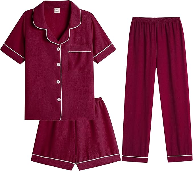 Big Girls Button Down Pajama Set 3pcs Short Sleeve Long Pants with Shorts Crepe Wrinkled Fabric Sleepwear Nighty