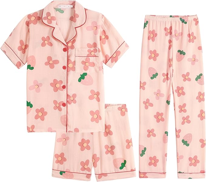 Big Girls Button Down Pajama Set 3pcs Short Sleeve Long Pants with Shorts Crepe Wrinkled Fabric Sleepwear Nighty